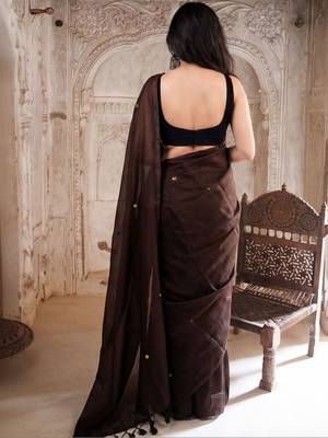 brown embellished beads and stones pure cotton dhoti saree 4