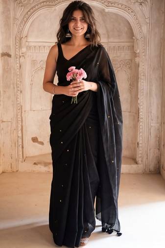 Black embellished pure cotton saree