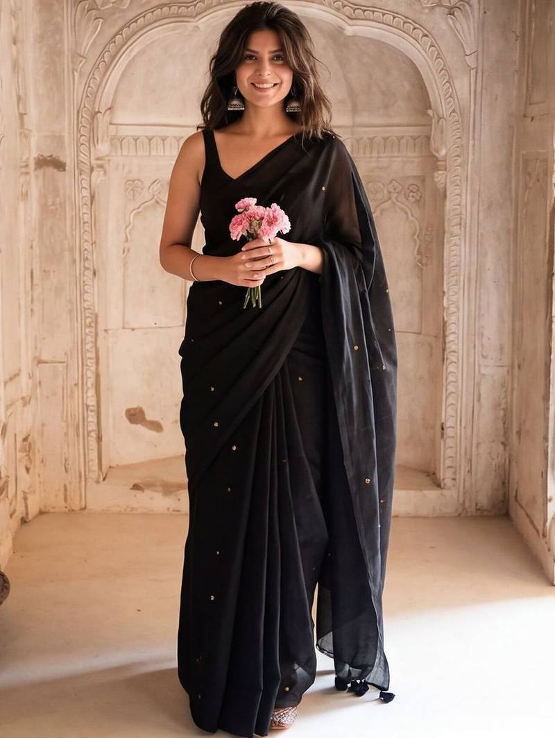 Black embellished pure cotton saree