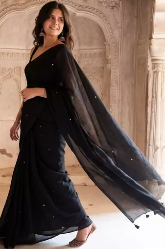 Black embellished pure cotton saree