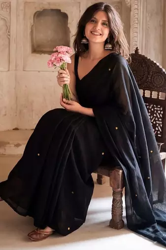 Black embellished pure cotton saree