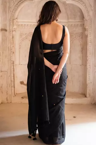 Black embellished pure cotton saree