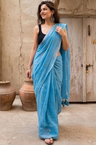 turquoise embellished pure cotton saree