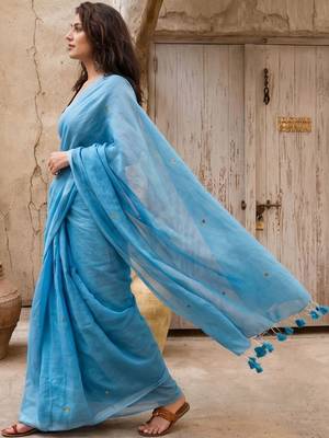 turquoise embellished pure cotton saree 2