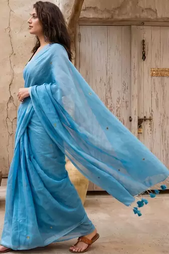 turquoise embellished pure cotton saree