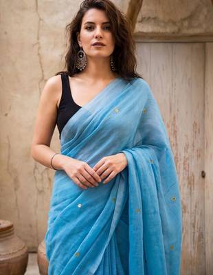 turquoise embellished pure cotton saree 3