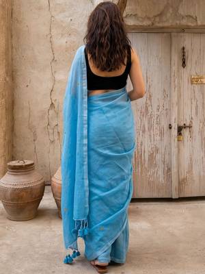 turquoise embellished pure cotton saree 4