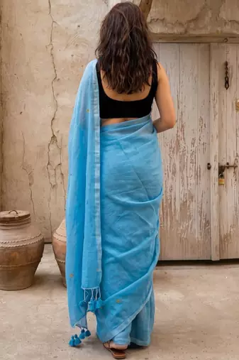 turquoise embellished pure cotton saree