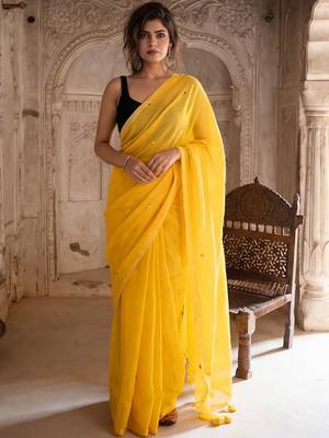 Yellow embellished mirror work pure cotton saree 1