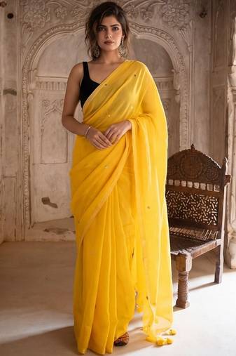 Yellow embellished mirror work pure cotton saree