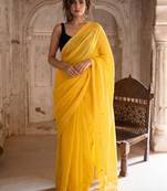 Yellow embellished mirror work pure cotton saree