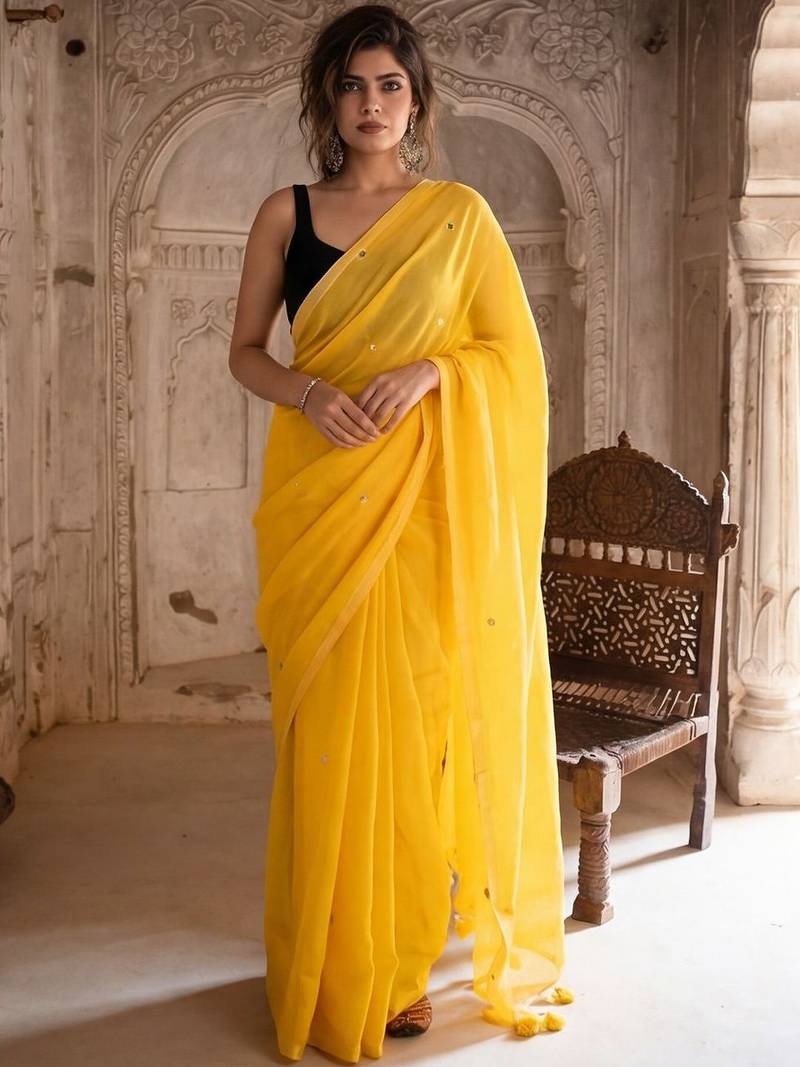 Yellow embellished mirror work pure cotton saree