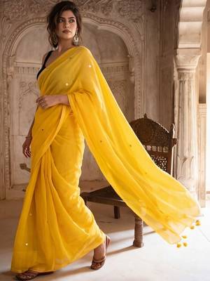 Yellow embellished mirror work pure cotton saree 2