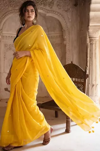 Yellow embellished mirror work pure cotton saree