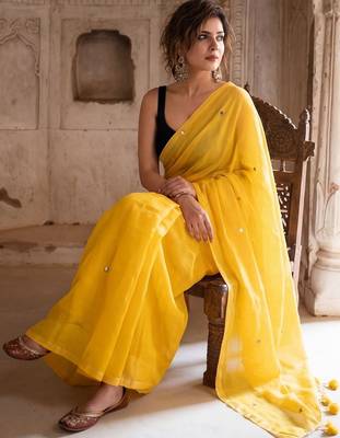 Yellow embellished mirror work pure cotton saree 3