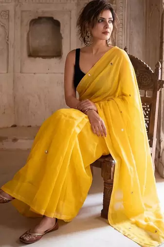 Yellow embellished mirror work pure cotton saree