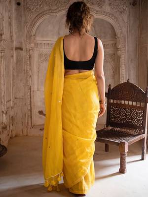 Yellow embellished mirror work pure cotton saree 4