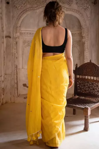 Yellow embellished mirror work pure cotton saree