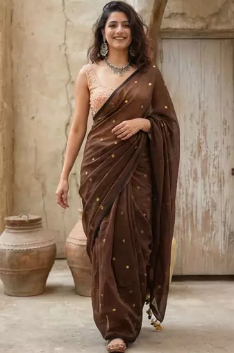 Brown zari pure cotton saree