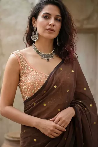 Brown zari pure cotton saree