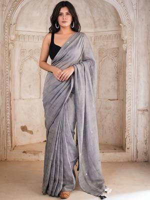 grey geometric woven design mirror work pure cotton saree 1