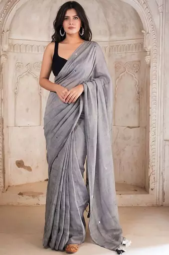 grey geometric woven design mirror work pure cotton saree