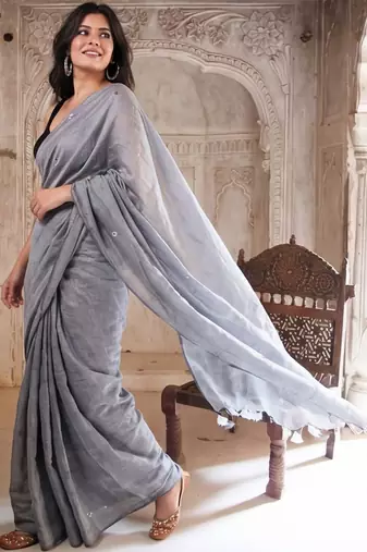 grey geometric woven design mirror work pure cotton saree