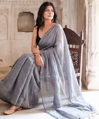 grey geometric woven design mirror work pure cotton saree 3