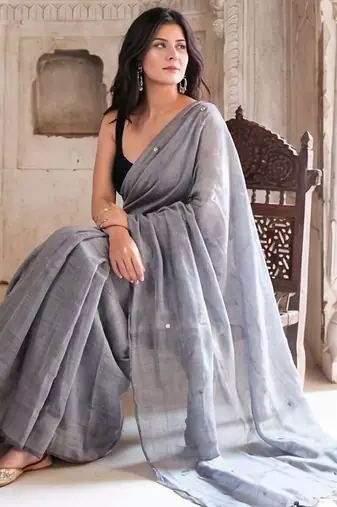 grey geometric woven design mirror work pure cotton saree