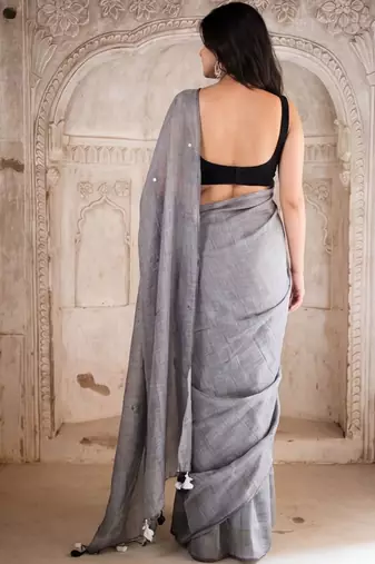 grey geometric woven design mirror work pure cotton saree