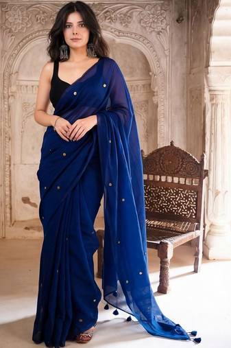 navy_blue beads and stones pure cotton saree