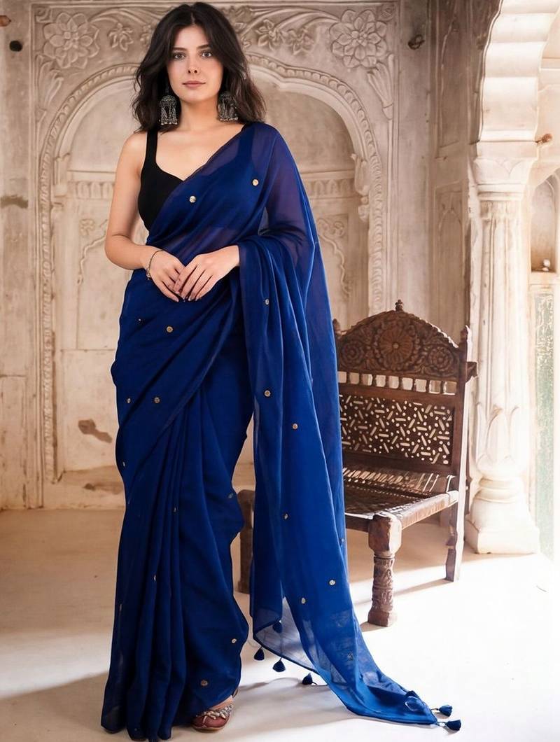 navy_blue beads and stones pure cotton saree