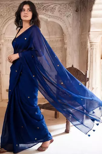 navy_blue beads and stones pure cotton saree