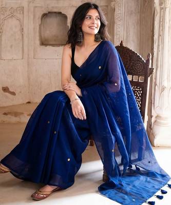 navy_blue beads and stones pure cotton saree 3
