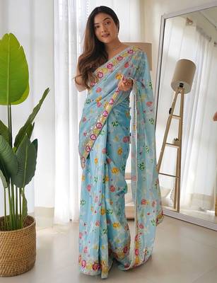 blue blue & white floral printed sequinned saree 1