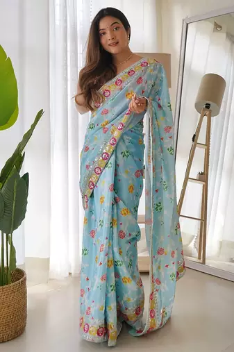 blue blue & white floral printed sequinned saree