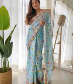 blue blue & white floral printed sequinned saree