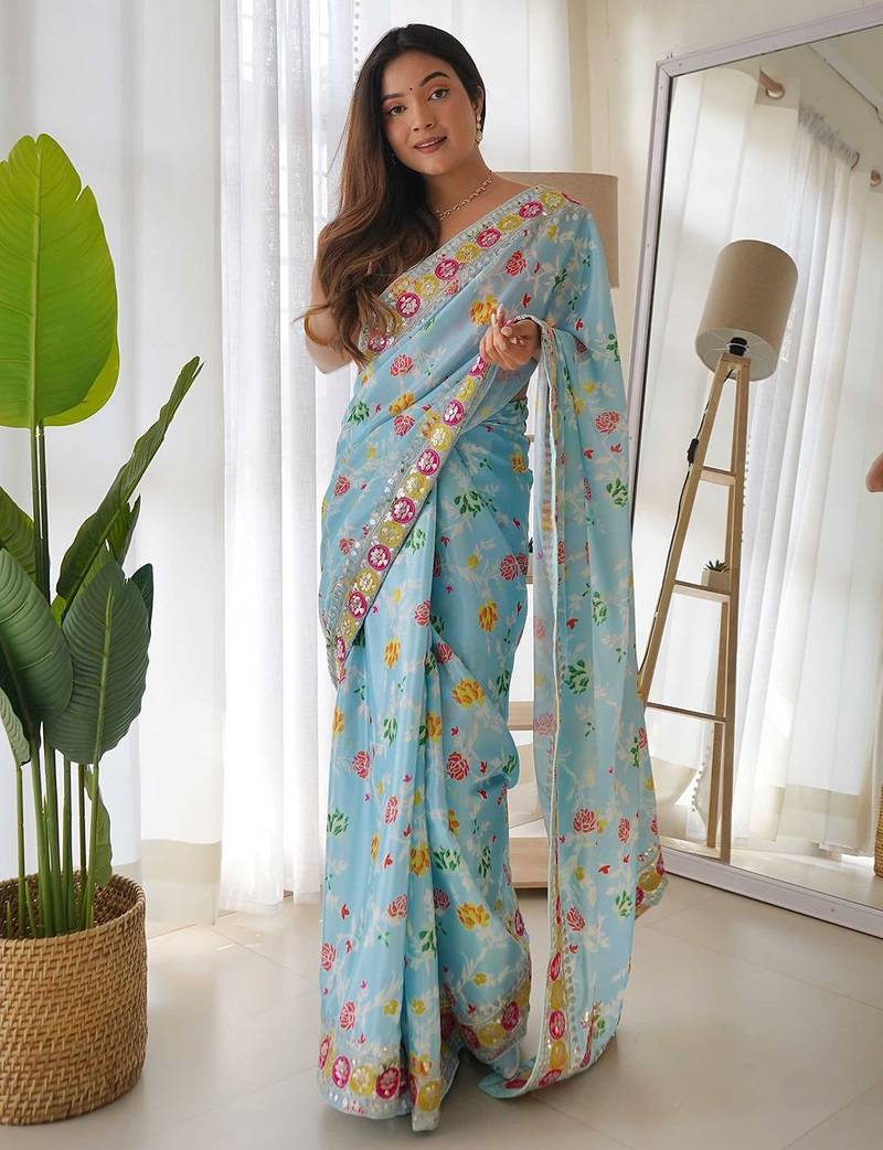 blue blue & white floral printed sequinned saree