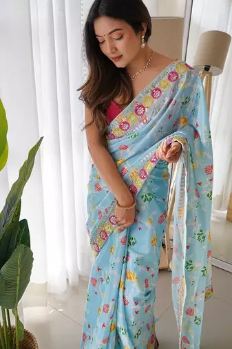 blue blue & white floral printed sequinned saree