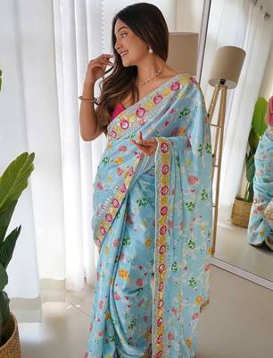 blue blue & white floral printed sequinned saree 3