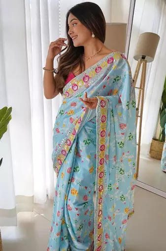 blue blue & white floral printed sequinned saree