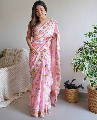 Pink pink & magenta floral embroidered silk blend saree 1