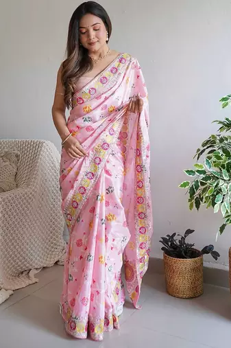 Pink pink & magenta floral embroidered silk blend saree