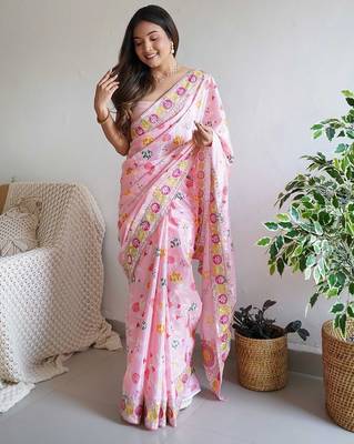 Pink pink & magenta floral embroidered silk blend saree 2
