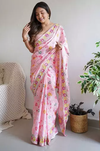 Pink pink & magenta floral embroidered silk blend saree