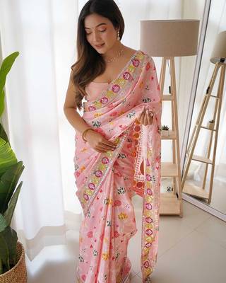 Pink pink & magenta floral embroidered silk blend saree 3