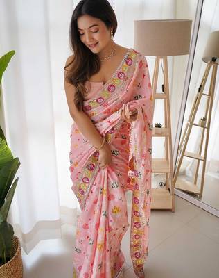 Pink pink & magenta floral embroidered silk blend saree 4