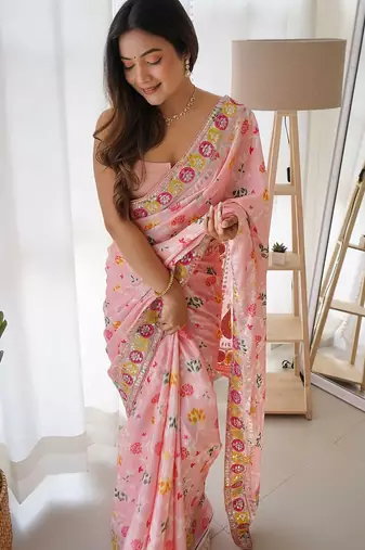 Pink pink & magenta floral embroidered silk blend saree