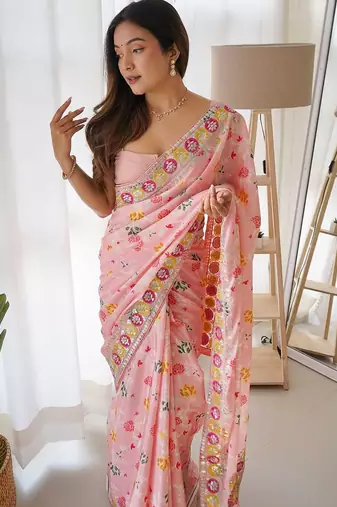 Pink pink & magenta floral embroidered silk blend saree