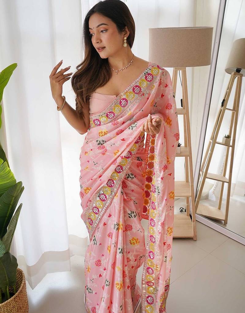 Pink pink & magenta floral embroidered silk blend saree